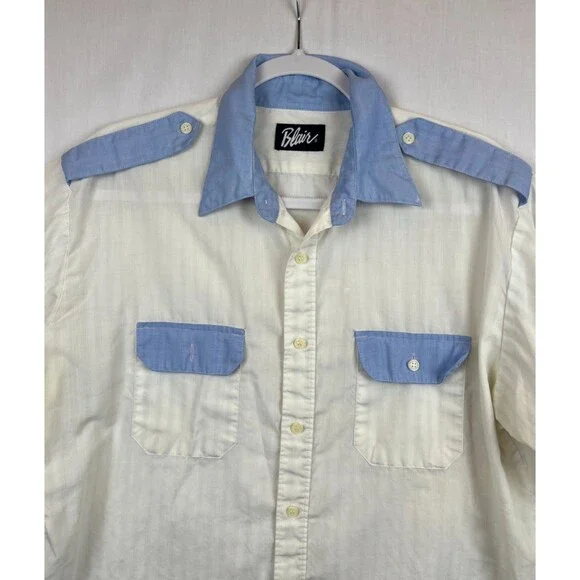 Vintage Blair Shirt Mens Button Up SS Shoulder Tabs White Blue Pockets (Stained) - Picture 11 of 11